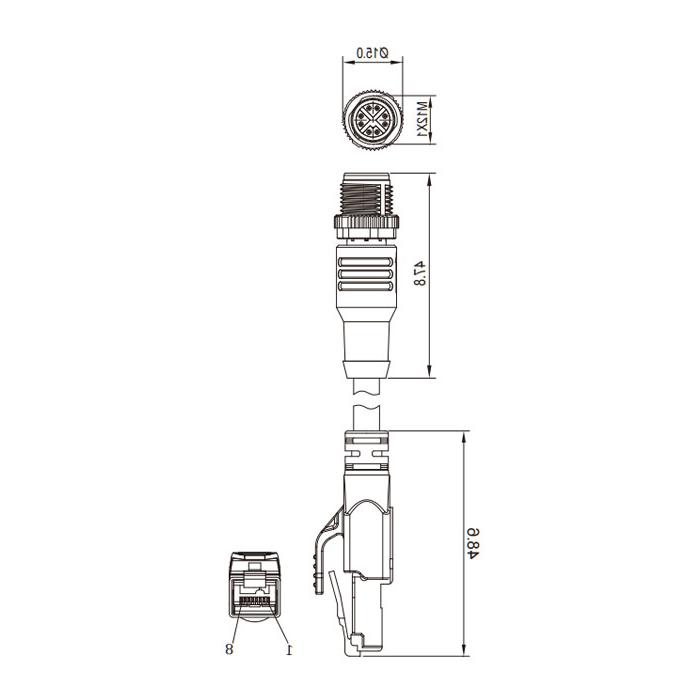 M12 8Pin（X-coded）公头直型转RJ45公头直型、双端预铸PVC非柔性电缆、带屏蔽、蓝色护套、Ethernet Cat.6a 10Gbps、0CF463-XXX 